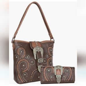 Montana West Buckle Collection Concealed Carry Hobo Bag & Wallet Set in Coffee